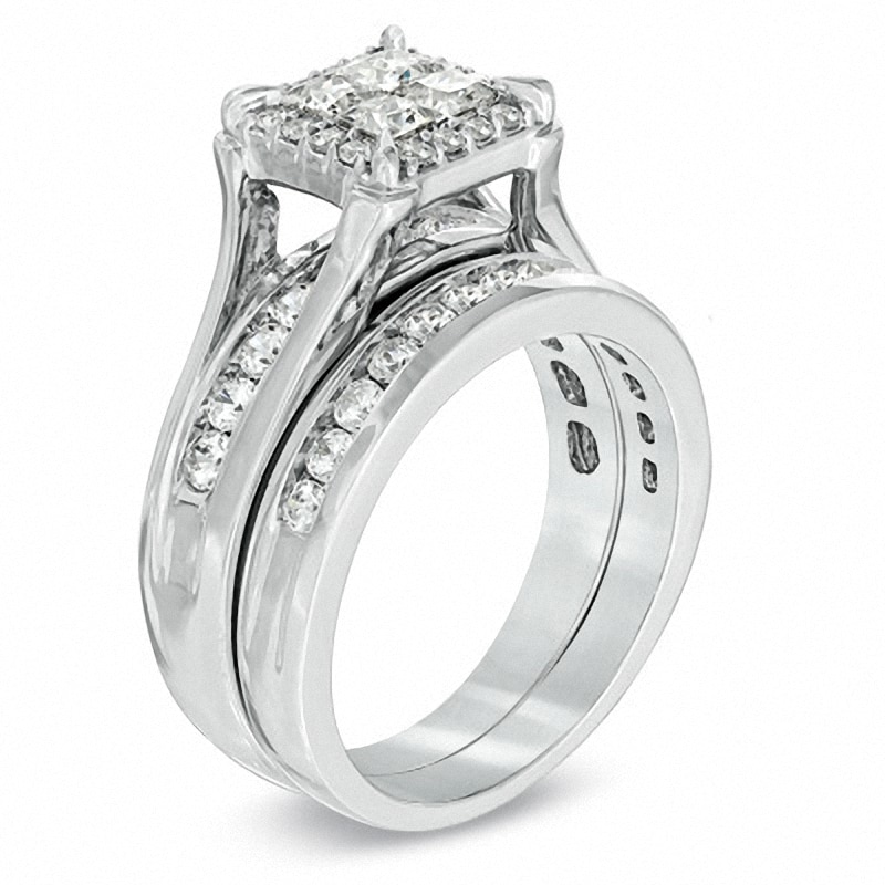 Main Image 2 of Previously Owned 1-1/2 CT. T.W. Quad Princess-Cut Diamond Frame Soldered Bridal Set in 14K White Gold