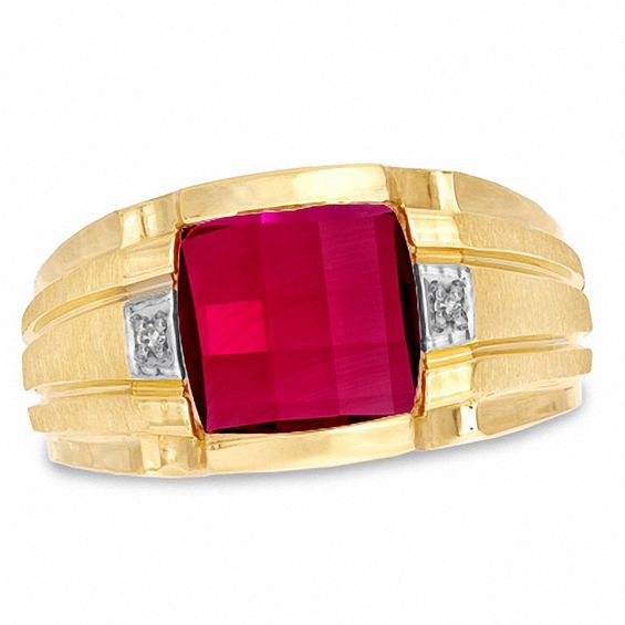 Previously Owned - Men's Cushion-Cut Lab-Created Ruby and Diamond Accent Ring in 10K Gold