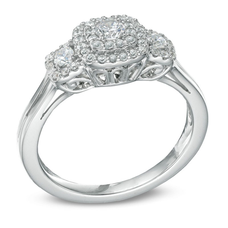 Main Image 2 of Previously Owned - 1/2 CT. T.W. Diamond Double Frame Three Stone Ring in 10K White Gold
