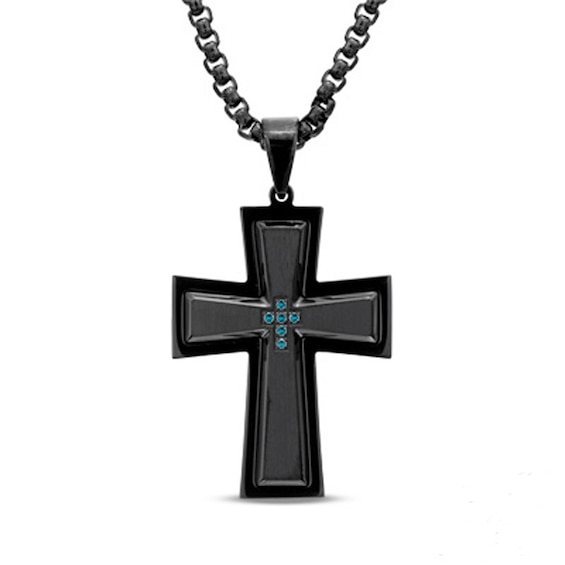 Previously Owned - Men's Enhanced Blue Diamond Accent Cross Pendant in Black Stainless Steel - 24"