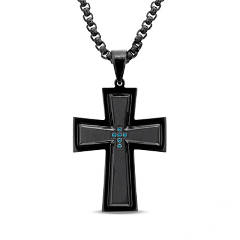 Main Image 1 of Previously Owned - Men's Enhanced Blue Diamond Accent Cross Pendant in Black Stainless Steel - 24"