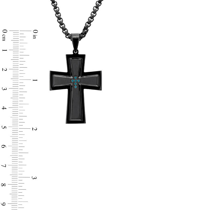 Main Image 4 of Previously Owned - Men's Enhanced Blue Diamond Accent Cross Pendant in Black Stainless Steel - 24"