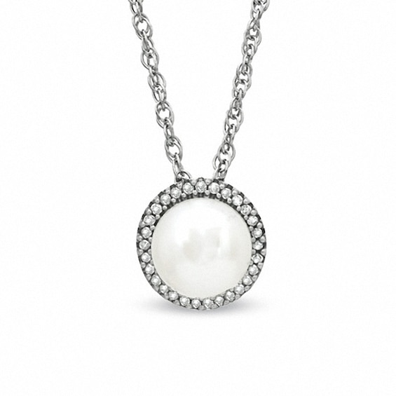 Previously Owned-Honora 7.5-8.0mm Freshwater Cultured Pearl and Diamond Accent Frame Pendant in Sterling Silver