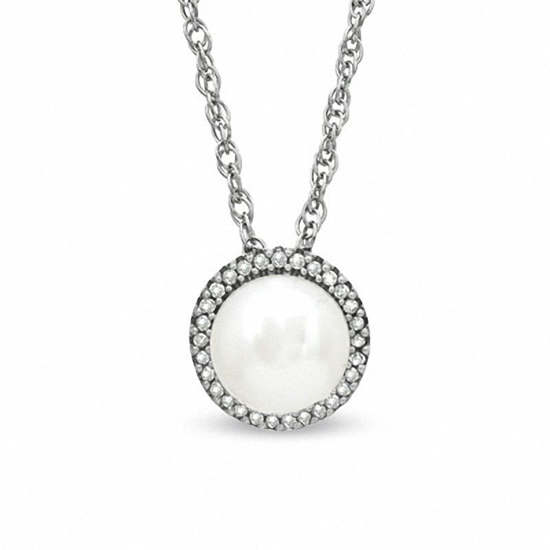 Main Image 1 of Previously Owned-Honora 7.5-8.0mm Freshwater Cultured Pearl and Diamond Accent Frame Pendant in Sterling Silver