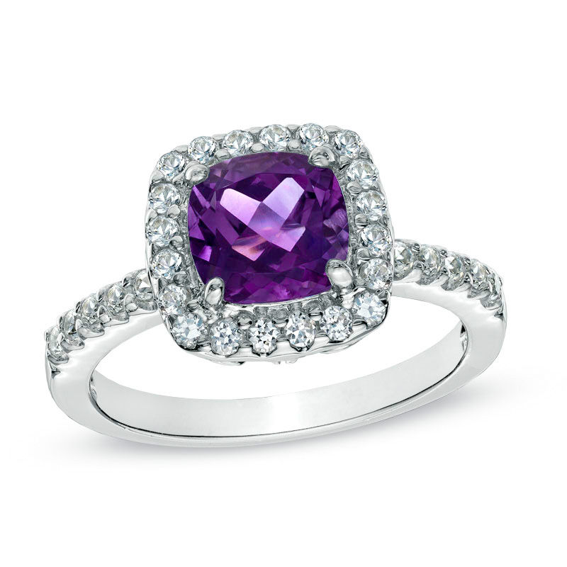 Previously Owned - 7.0mm Cushion-Cut Amethyst and Lab-Created White Sapphire Ring in Sterling Silver