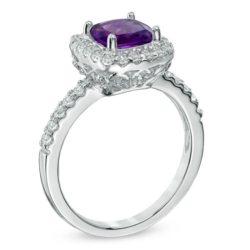 Previously Owned - 7.0mm Cushion-Cut Amethyst and Lab-Created White Sapphire Ring in Sterling Silver