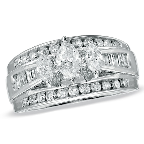 Previously Owned - 1-1/2 CT. T.w. Marquise Diamond Cathedral Bridge Ring in 14K White Gold