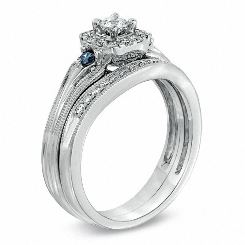 Main Image 2 of Previously Owned - 1/2 CT. T.W. Blue and White Diamond Vintage-Style Frame Bridal Set in 10K White Gold