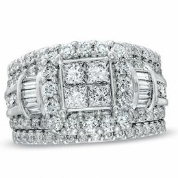 Previously Owned 3 CT. T.W. Quad Princess-Cut Diamond Frame Soldered Bridal Set in 14K White Gold