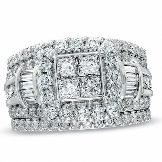 Previously Owned 3 CT. T.w. Quad Princess-Cut Diamond Frame Soldered Bridal Set in 14K White Gold