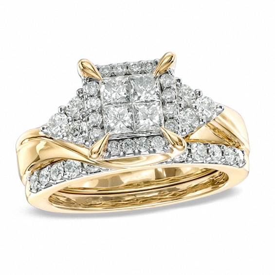 Previously Owned - 1-1/4 CT. T.w. Princess-Cut Quad Diamond Bridal Set in 10K Gold