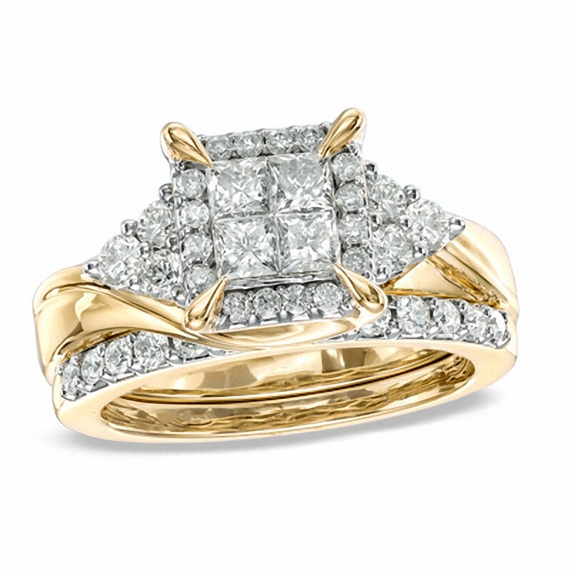 Main Image 1 of Previously Owned - 1-1/4 CT. T.W. Princess-Cut Quad Diamond Bridal Set in 10K Gold