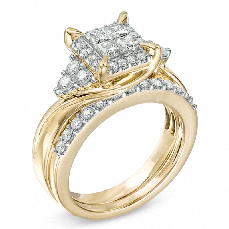 Main Image 2 of Previously Owned - 1-1/4 CT. T.W. Princess-Cut Quad Diamond Bridal Set in 10K Gold