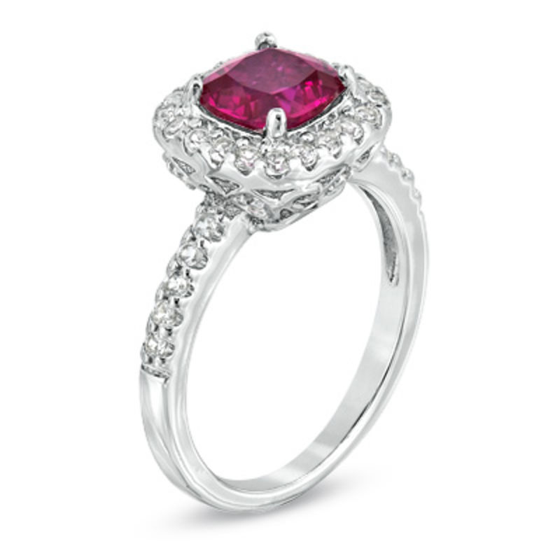 Main Image 2 of Previously Owned - 7.0mm Cushion-Cut Lab-Created Ruby and White Sapphire Frame Ring in Sterling Silver