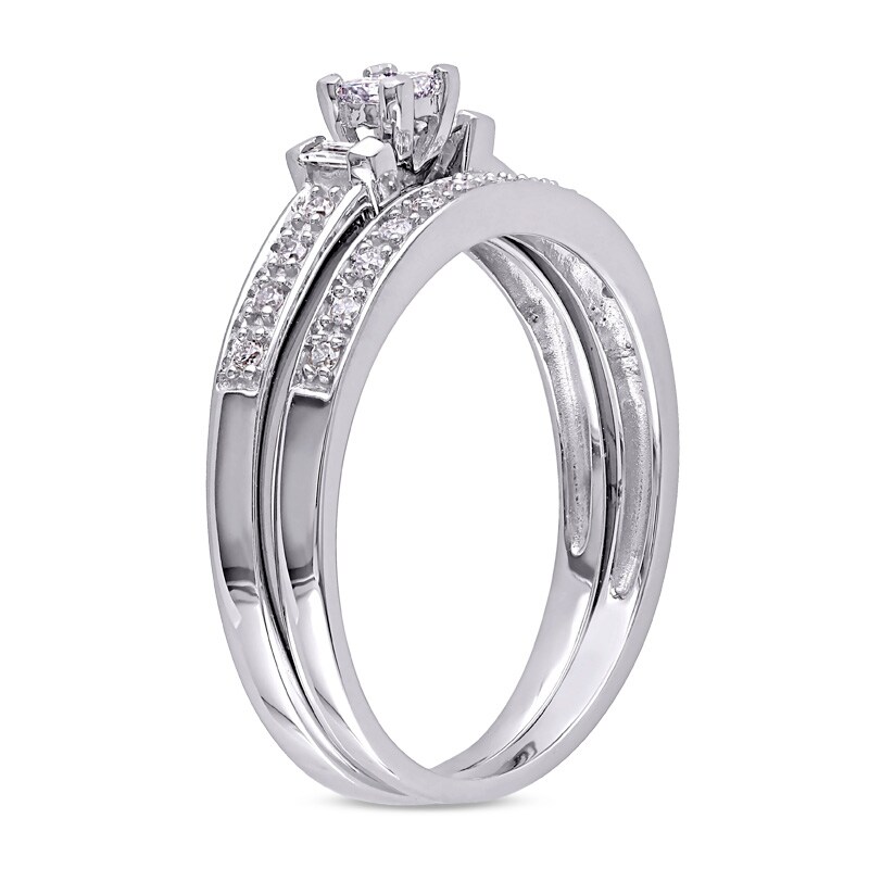 Main Image 2 of Previously Owned - 1/3 CT. T.W. Princess-Cut Diamond Three Stone Bridal Set in 10K White Gold