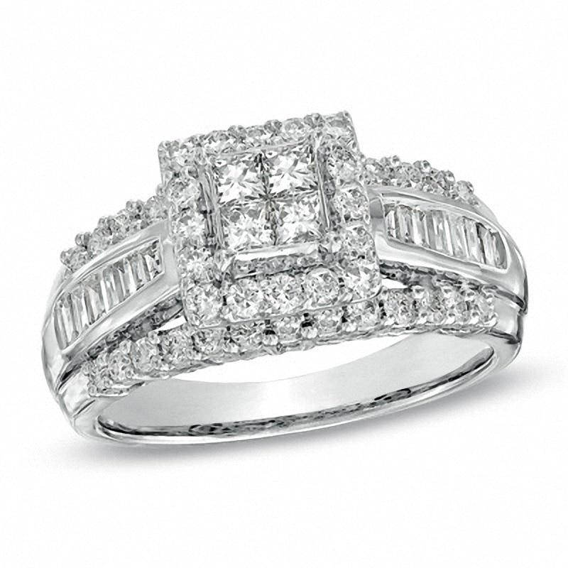 Main Image 1 of Previously Owned - 1 CT. T.W. Princess-Cut Quad Diamond Frame Engagement Ring in 14K White Gold