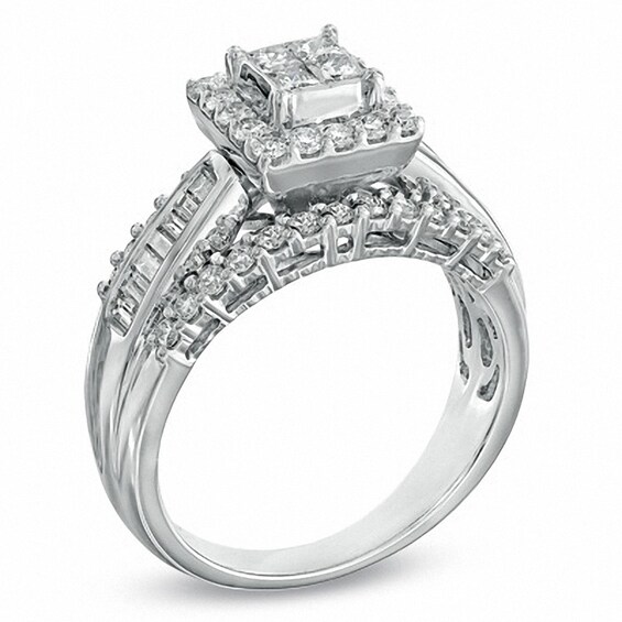 Previously Owned - 1 CT. T.w. Princess-Cut Quad Diamond Frame Engagement Ring in 14K White Gold
