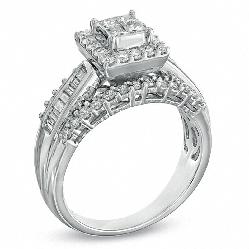 Main Image 2 of Previously Owned - 1 CT. T.W. Princess-Cut Quad Diamond Frame Engagement Ring in 14K White Gold