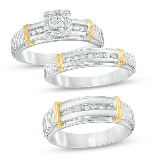 Previously Owned - 1/10 CT. T.w. Quad Diamond Collar Wedding Ensemble in Sterling Silver and 14K Gold - Size 7 and 10.5