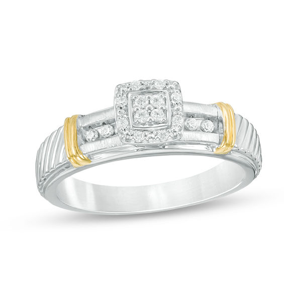 Previously Owned - 1/10 CT. T.w. Quad Diamond Collar Wedding Ensemble in Sterling Silver and 14K Gold - Size 7 and 10.5