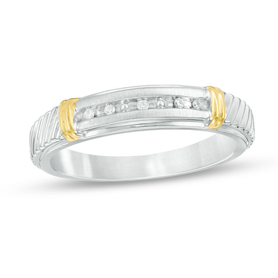 Previously Owned - 1/10 CT. T.w. Quad Diamond Collar Wedding Ensemble in Sterling Silver and 14K Gold - Size 7 and 10.5