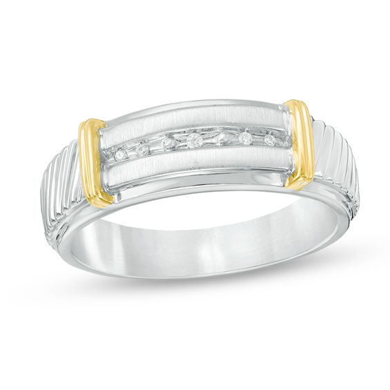 Previously Owned - 1/10 CT. T.w. Quad Diamond Collar Wedding Ensemble in Sterling Silver and 14K Gold - Size 7 and 10.5