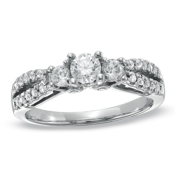 Previously Owned - 5/8 CT. T.w. Diamond Three Stone Contour Engagement Ring in 14K White Gold