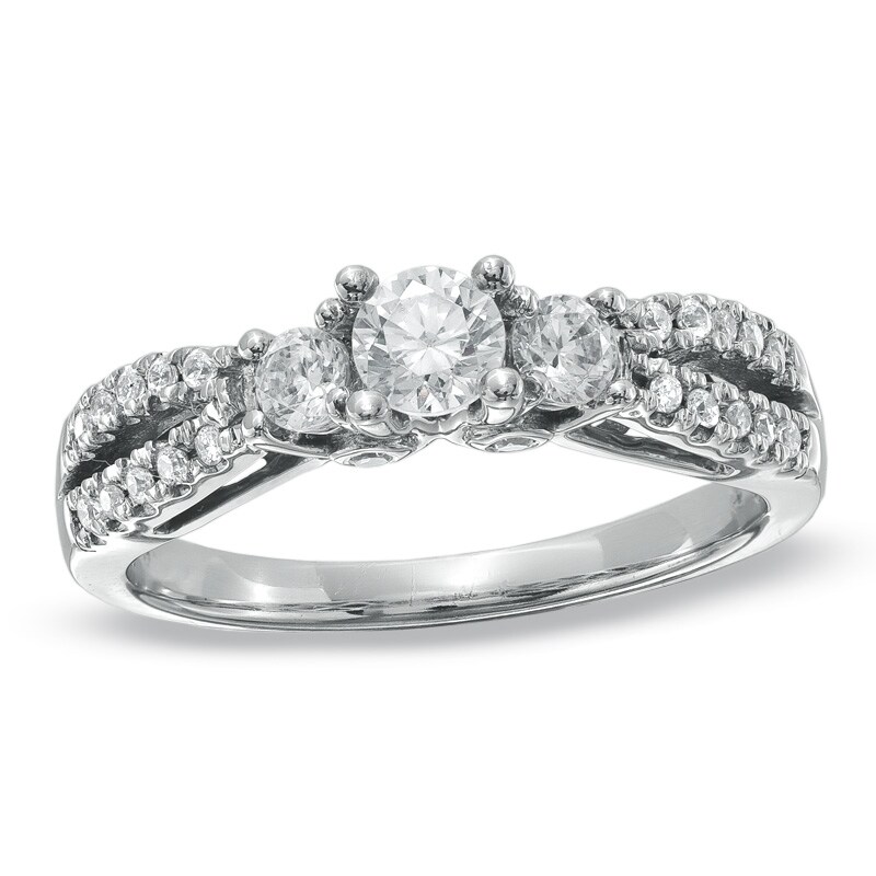 Main Image 1 of Previously Owned - 5/8 CT. T.W. Diamond Three Stone Contour Engagement Ring in 14K White Gold
