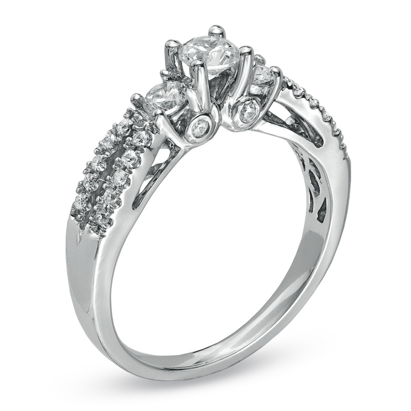 Main Image 2 of Previously Owned - 5/8 CT. T.W. Diamond Three Stone Contour Engagement Ring in 14K White Gold