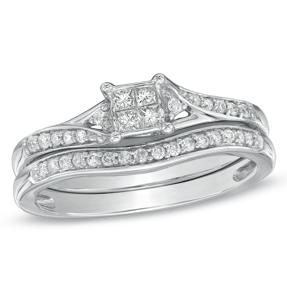 Previously Owned - 1/4 CT. T.w. Quad Princess-Cut Diamond Bypass Bridal Set in 10K White Gold