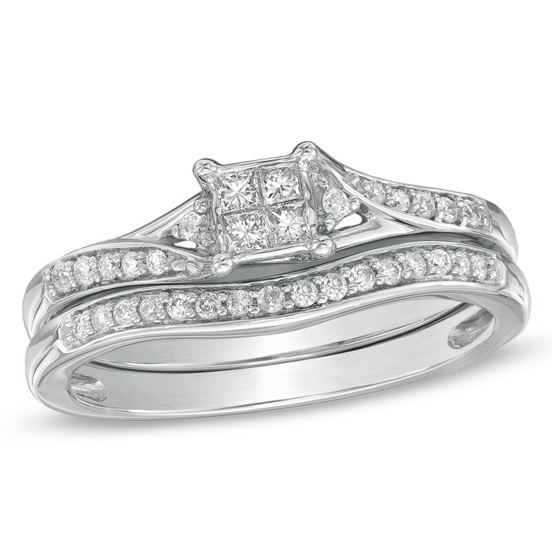 Main Image 1 of Previously Owned - 1/4 CT. T.W. Quad Princess-Cut Diamond Bypass Bridal Set in 10K White Gold