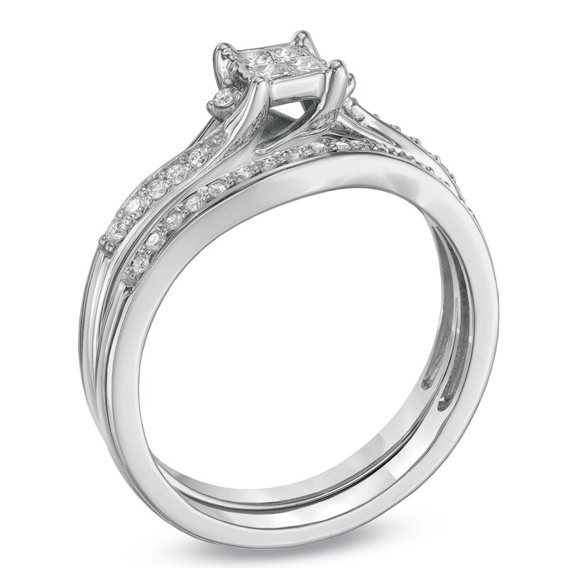 Main Image 2 of Previously Owned - 1/4 CT. T.W. Quad Princess-Cut Diamond Bypass Bridal Set in 10K White Gold