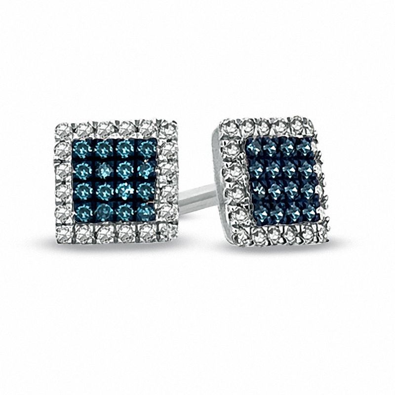 Main Image 1 of Previously Owned - 1/8 CT. T.W. Enhanced Blue and White Diamond Square Frame Stud Earrings in 10K White Gold