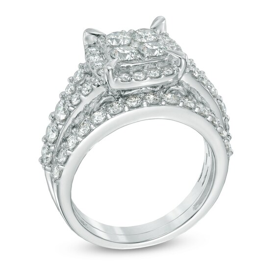 Previously Owned - 2 CT. T.w. Quad Diamond Frame Bridal Set in 14K White Gold