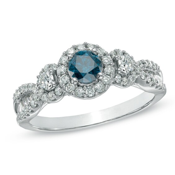 Previously Owned - 1 CT. T.w. Enhanced Blue and White Diamond Three Stone Engagement Ring in 10K White Gold