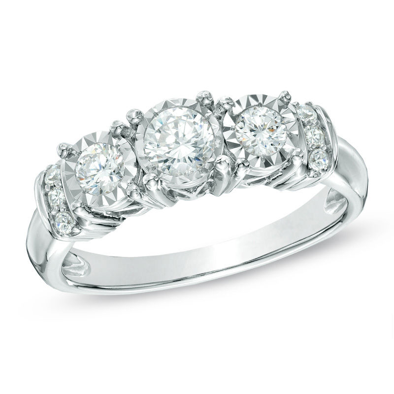 Main Image 1 of Previously Owned - 1/2 CT. T.W. Diamond Collar Past Present Future® Ring in 10K White Gold