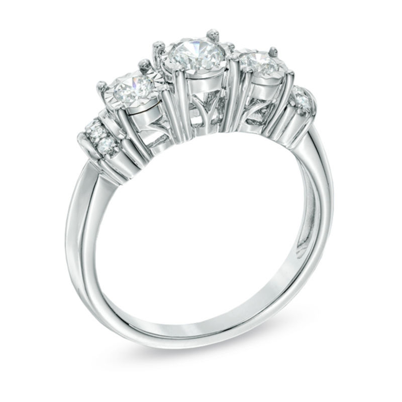 Main Image 2 of Previously Owned - 1/2 CT. T.W. Diamond Collar Past Present Future® Ring in 10K White Gold