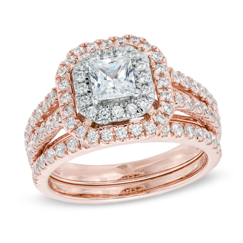 Main Image 1 of Previously Owned - 1-1/2 CT. T.W. Princess-Cut Diamond Double Frame Bridal Set in 14K Two-Tone Gold