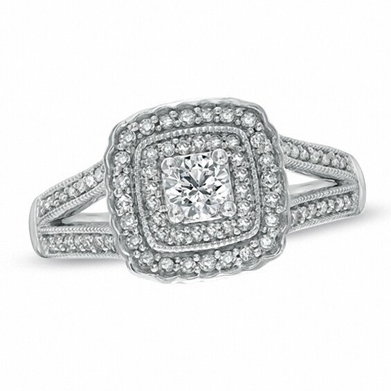 Previously Owned - 1/2 CT. T.w. Diamond Vintage-Style Double Square Frame Engagement Ring in 10K White Gold