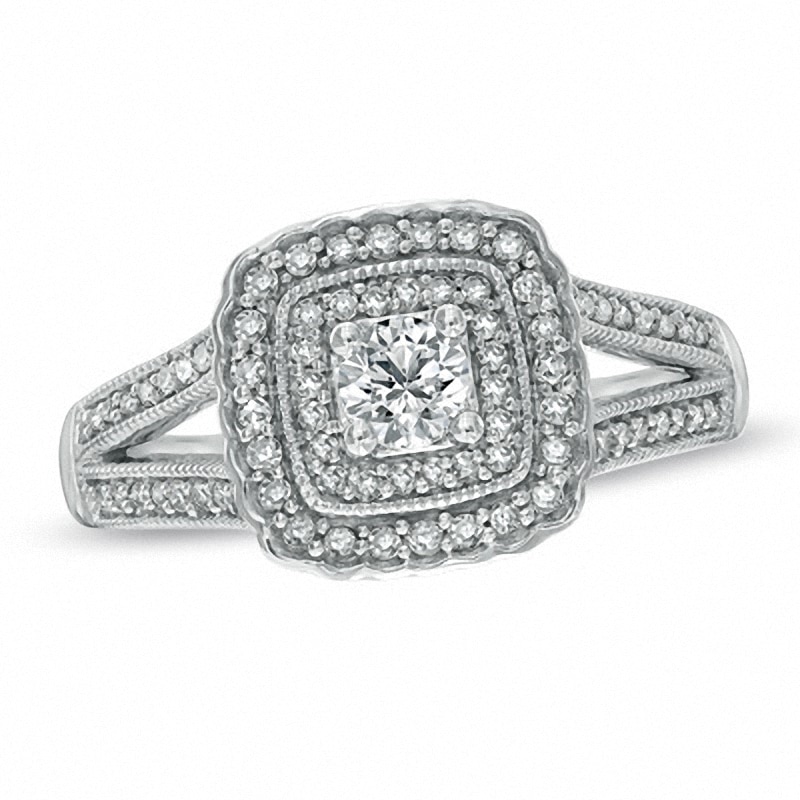 Main Image 1 of Previously Owned - 1/2 CT. T.W. Diamond Vintage-Style Double Square Frame Engagement Ring in 10K White Gold