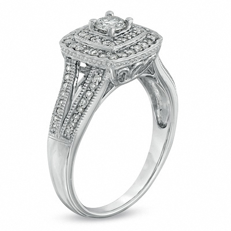Main Image 2 of Previously Owned - 1/2 CT. T.W. Diamond Vintage-Style Double Square Frame Engagement Ring in 10K White Gold