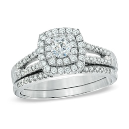 Previously Owned - 3/4 CT. T.W. Diamond Double Frame Split Shank Bridal Set in 14K White Gold