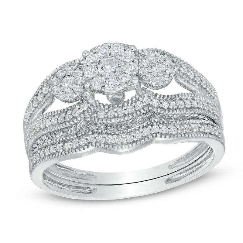 Main Image 1 of Previously Owned - 1/2 CT. T.W. Composite Diamond Three Stone Bridal Set in 10K White Gold