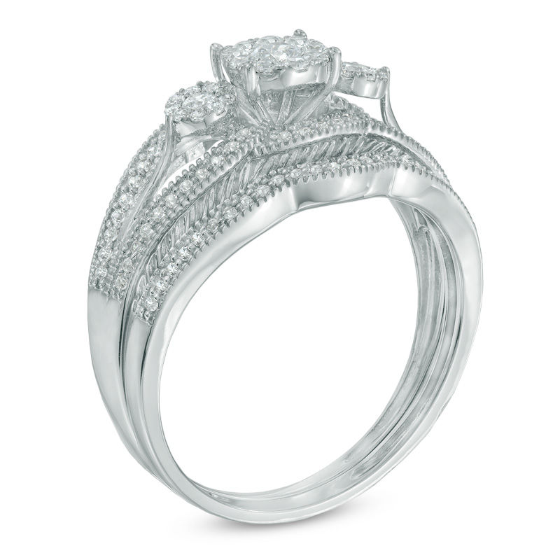 Main Image 2 of Previously Owned - 1/2 CT. T.W. Composite Diamond Three Stone Bridal Set in 10K White Gold