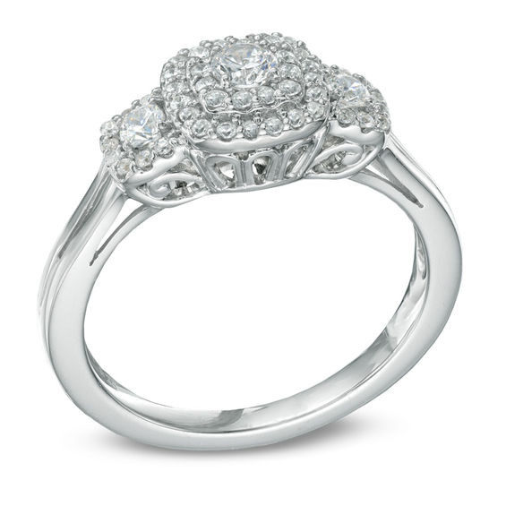 Previously Owned - 1/2 CT. T.w. Diamond Double Frame Three Stone Ring in 10K White Gold