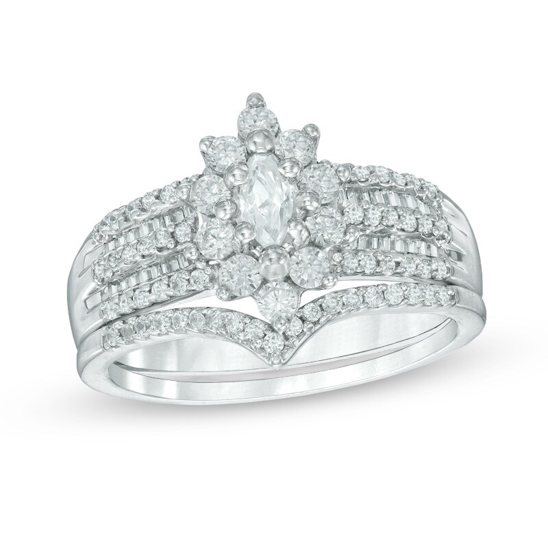Main Image 1 of Previously Owned - 1 CT. T.W. Marquise Diamond Frame Bridal Set in 10K White Gold