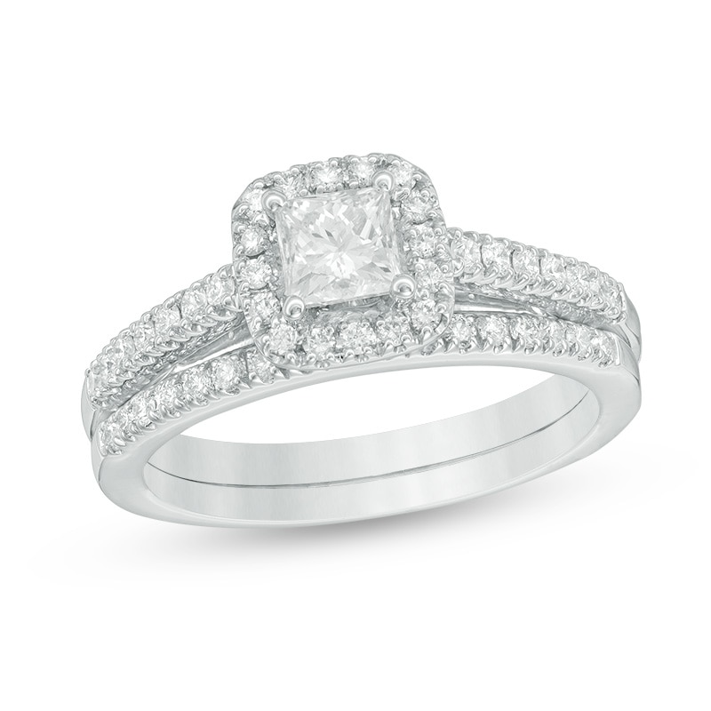 Main Image 1 of Previously Owned - 1 CT. T.W. Princess-Cut Diamond Frame Bridal Set in 14K White Gold