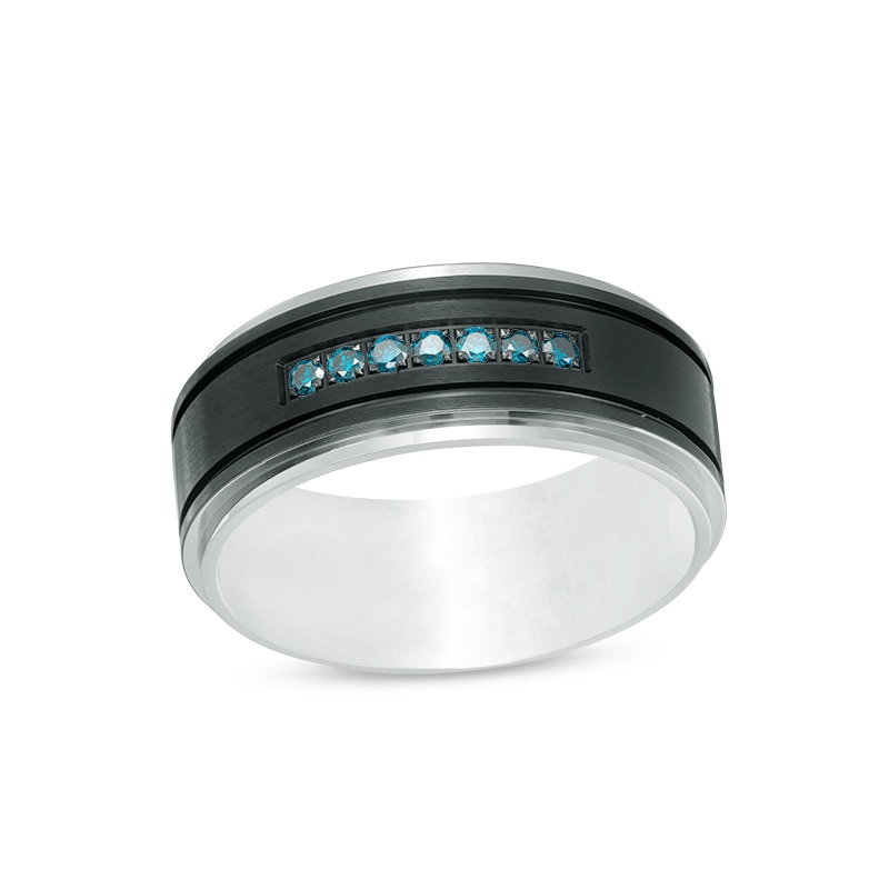 Main Image 1 of Previously Owned - 1/6 CT. T.W. Blue Diamond Comfort-Fit Wedding Band in Two-Tone Stainless Steel - Size 10
