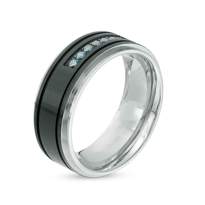 Main Image 2 of Previously Owned - 1/6 CT. T.W. Blue Diamond Comfort-Fit Wedding Band in Two-Tone Stainless Steel - Size 10