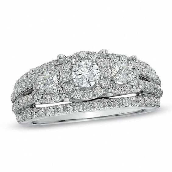 Previously Owned - 1-1/2 CT. T.w. Diamond Three Stone Multi-Row Ring in 14K White Gold